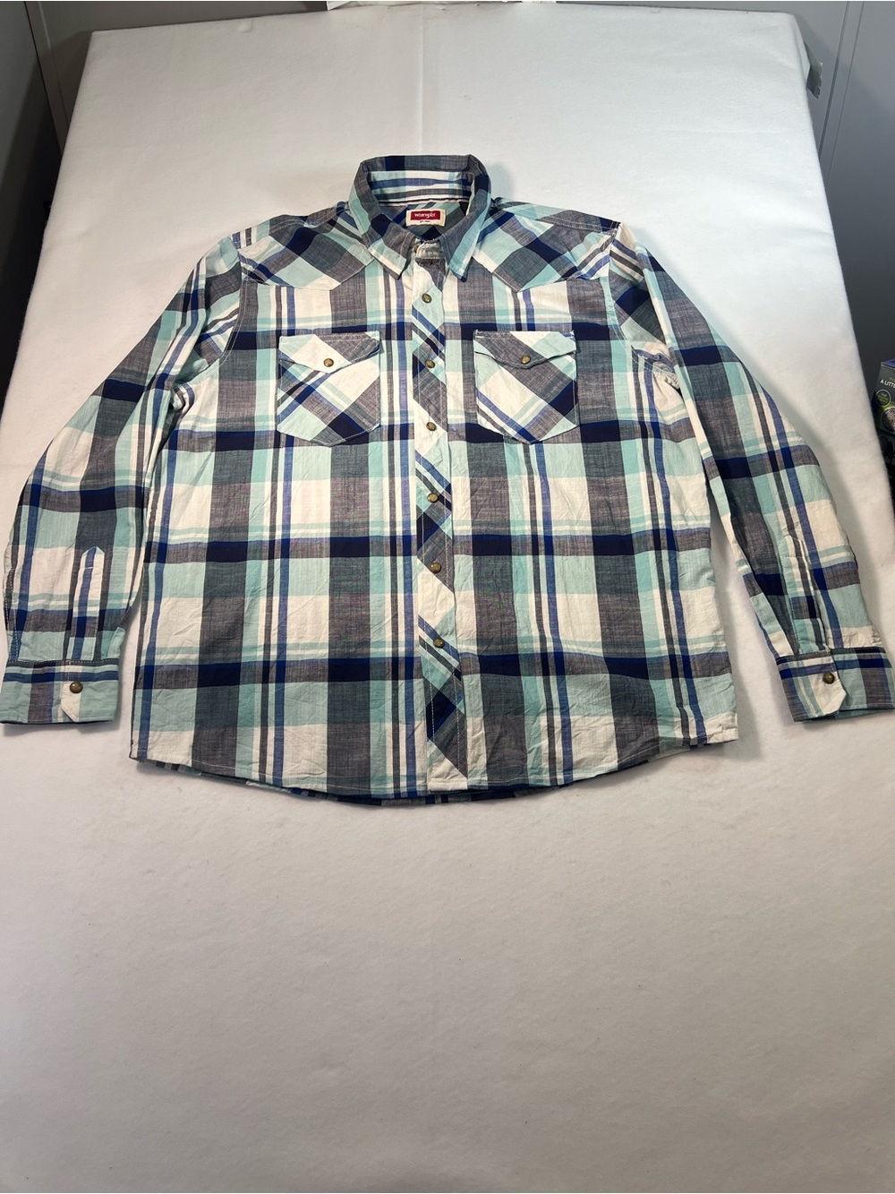 Wrangler Men’s Blue Plaid Classic Western Shirt Pearl Snap, Size XL, Long Sleeve